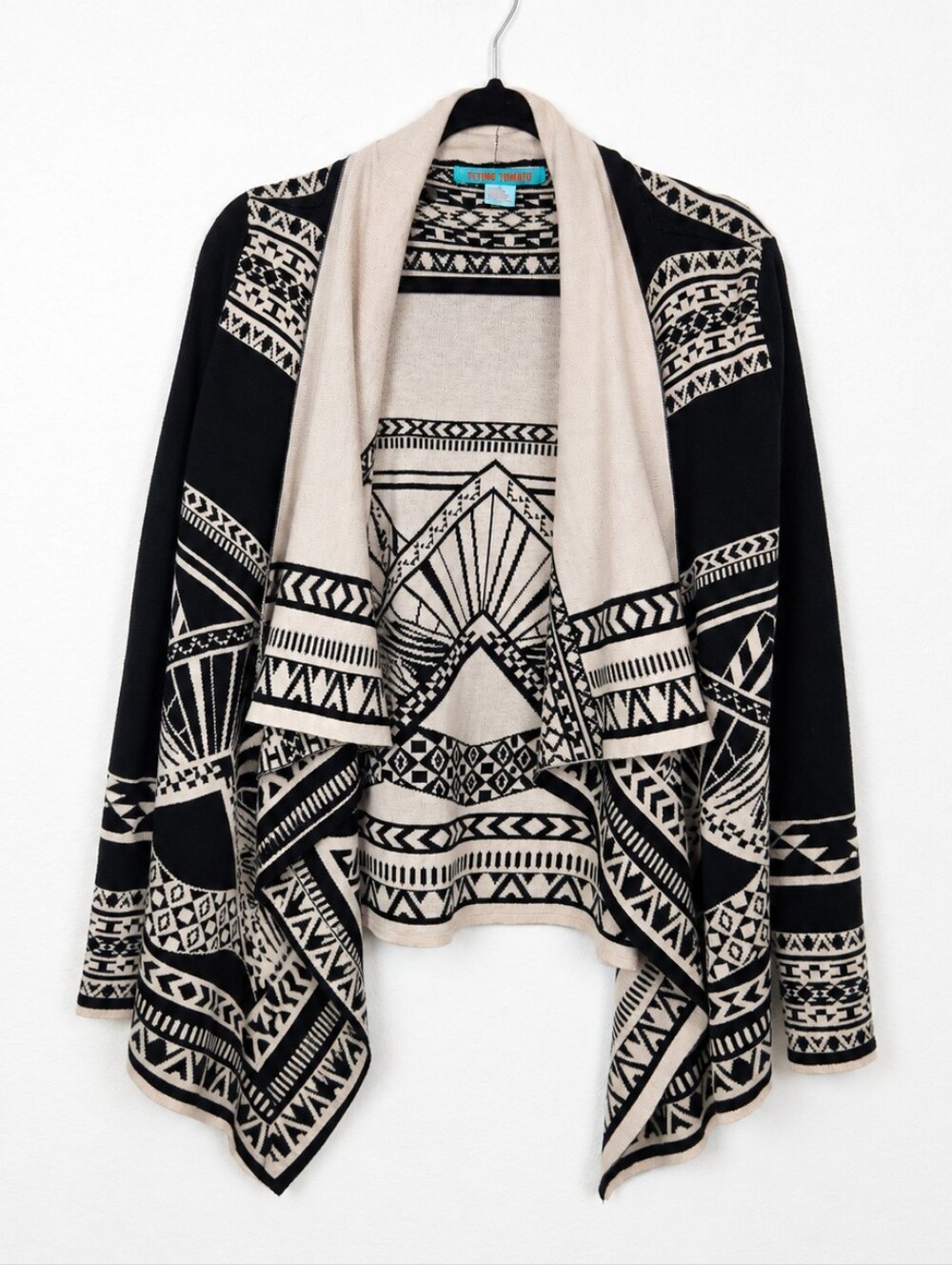 Flying Tomato Black Cream Tribal Aztec Waterfall Cardigan Sweater Size Large